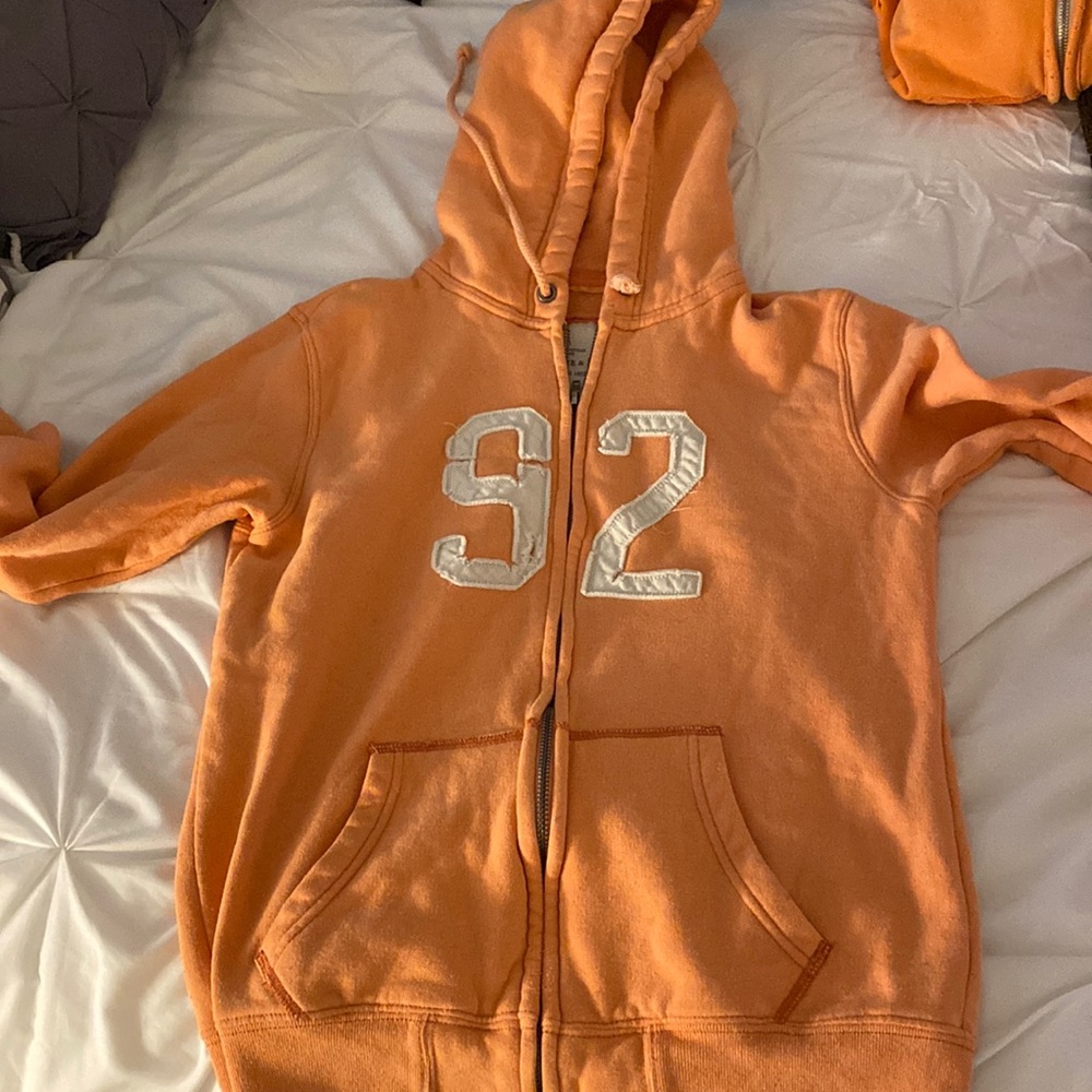 Abercrombie and Fitch orange 92 hooded zip-up sweatshirt- 3/4 sleeves medium